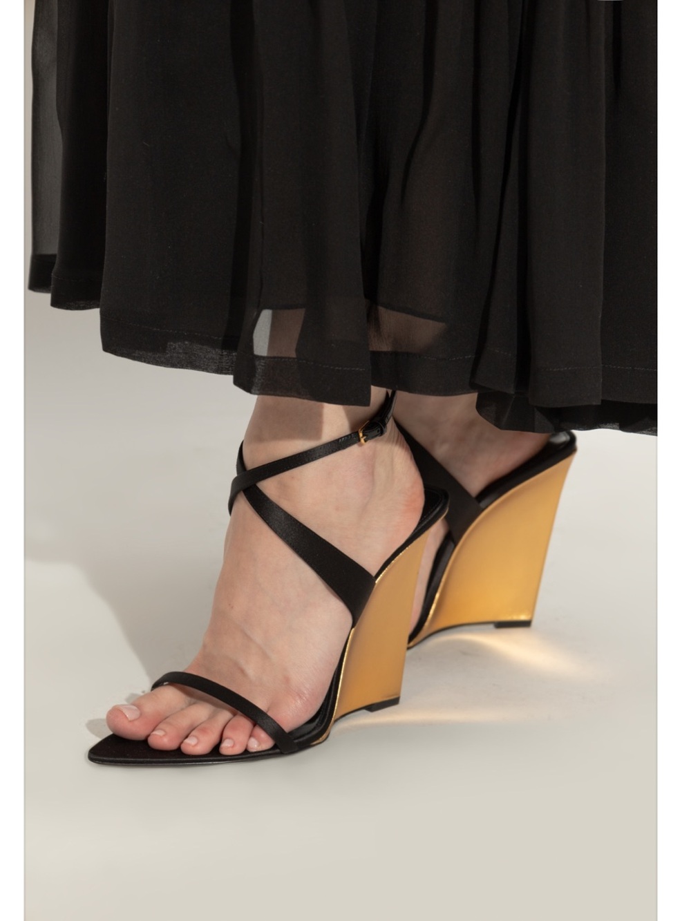 Yves Saint Laurent Black Strappy Wedge Sandals with Nude Wedge